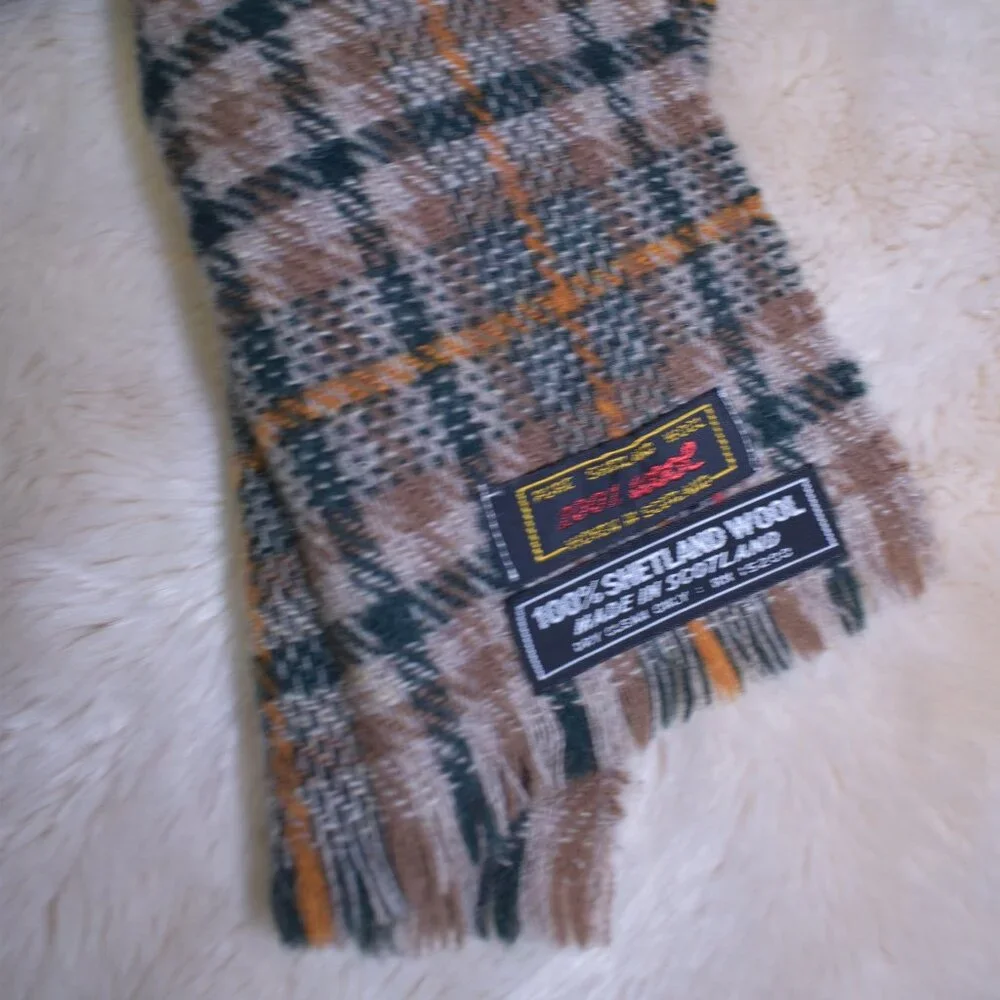 Vintage Shetland Wool Scarf Plaid Brown Green Made In Scottland